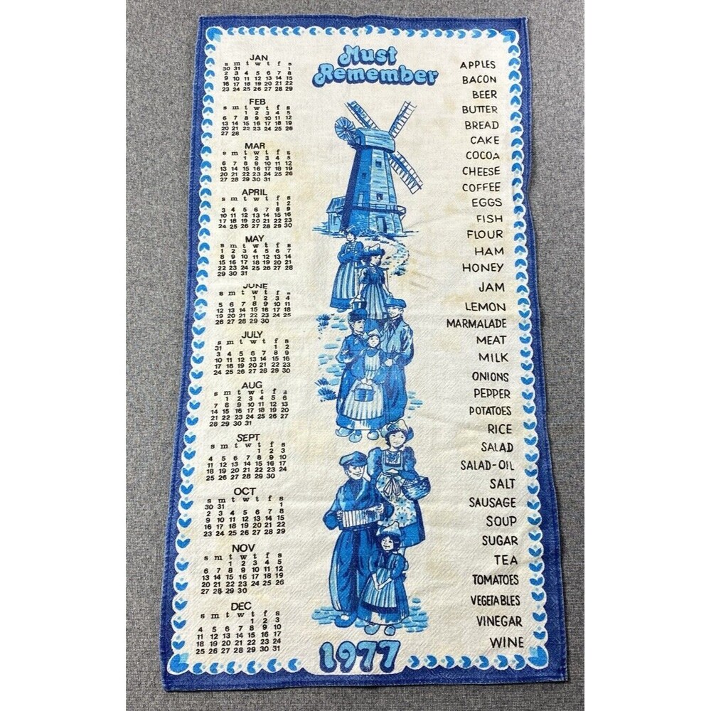 Vintage 70s Kitchen Linen Towel Calendar 1977  Wall Hanging Kitchen 13”x24”